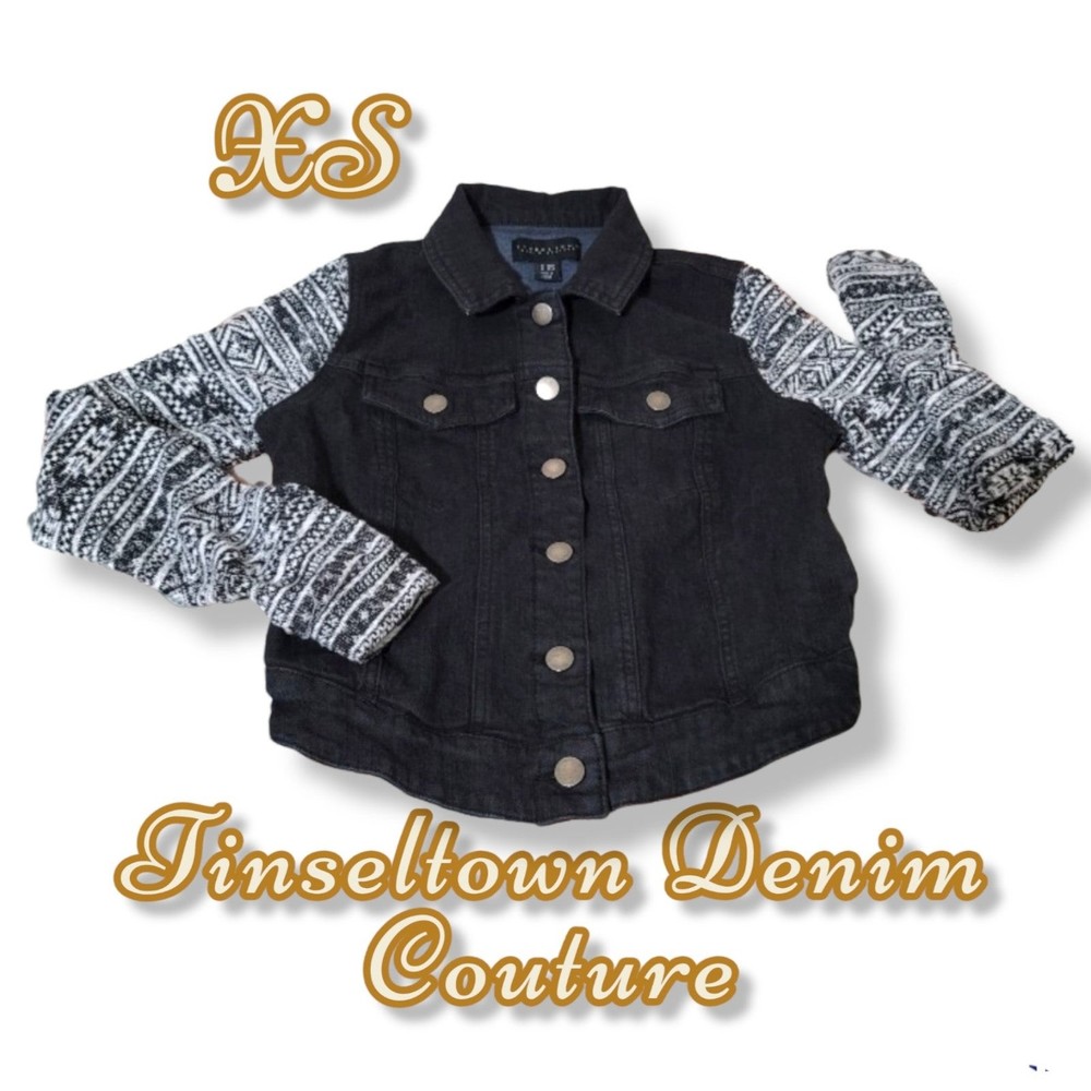 TinselTown Denim Couture Dark Wash Jean Jacket Button Up Knit Sweater Sleeve xs